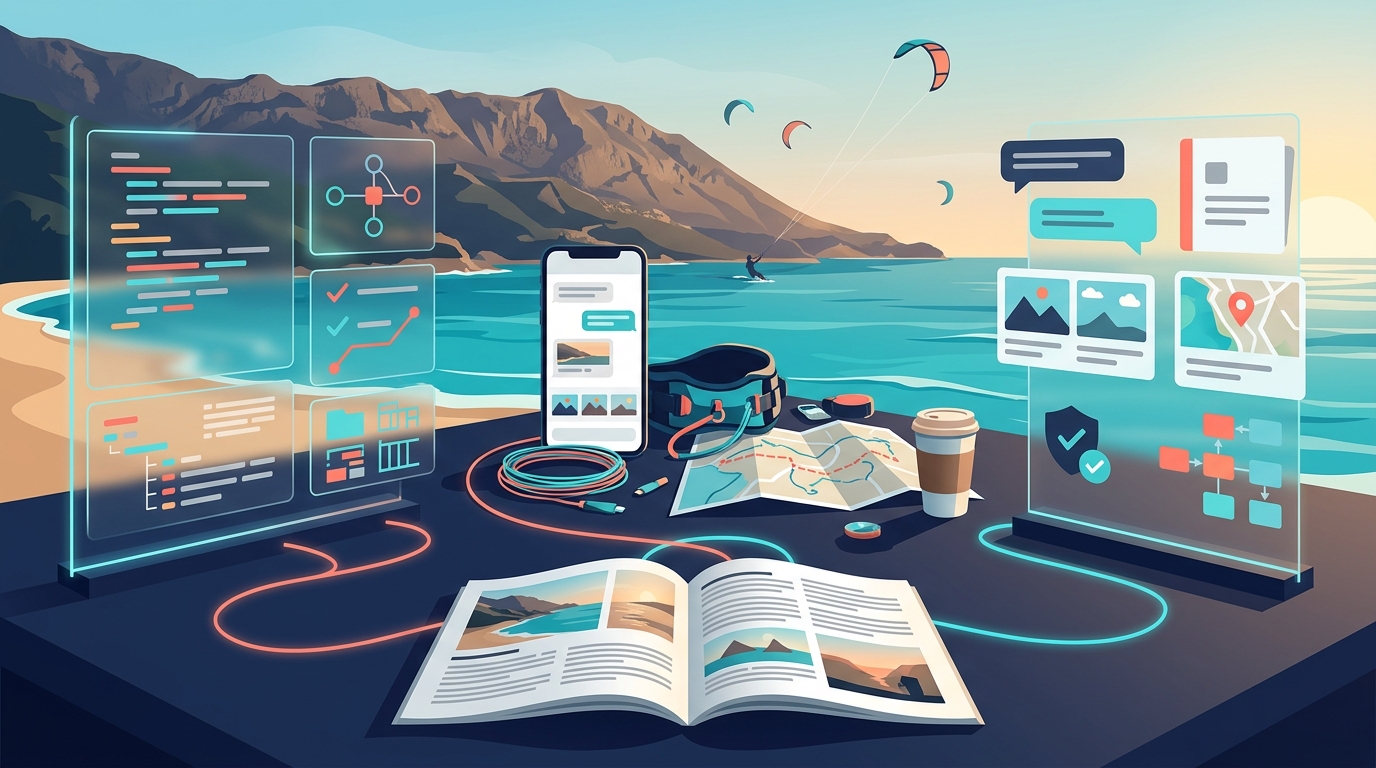 Editorial illustration of an agentic travel cockpit: planning tools, Niko's field notes, and publishing support flowing into a travel magazine.